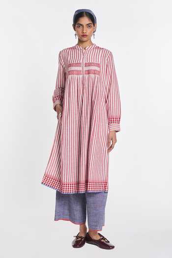 Buy_Payal Pratap_Pink Handloom Cotton Mandarin Collar Nicotiana Striped Tunic _Online_at_Aza_Fashions