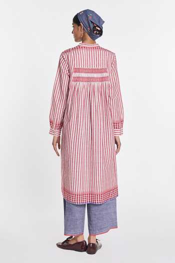 Shop_Payal Pratap_Pink Handloom Cotton Mandarin Collar Nicotiana Striped Tunic _at_Aza_Fashions