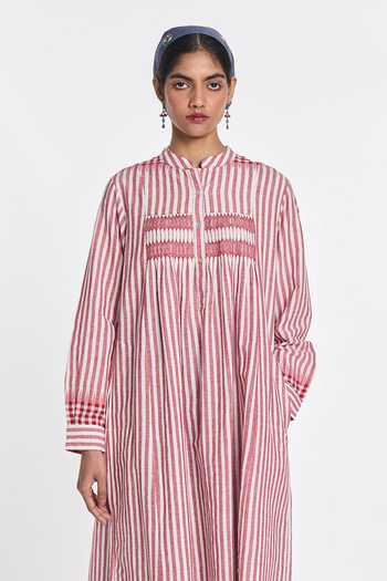 Shop_Payal Pratap_Pink Handloom Cotton Mandarin Collar Nicotiana Striped Tunic _Online_at_Aza_Fashions