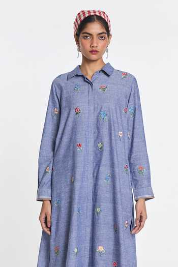 Shop_Payal Pratap_Blue Cotton Collared Neck Hydrangca Embroidered Tunic _Online_at_Aza_Fashions