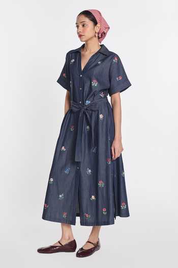 Buy_Payal Pratap_Blue Denim Notched Neck Hemlock Embroidered Dress _Online_at_Aza_Fashions