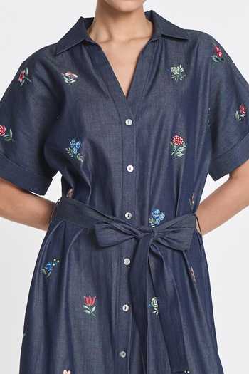 Shop_Payal Pratap_Blue Denim Notched Neck Hemlock Embroidered Dress _Online_at_Aza_Fashions