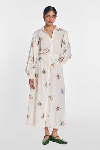 Buy_Payal Pratap_Ivory Cotton Collared Neck Teasel Embroidered Dress _at_Aza_Fashions
