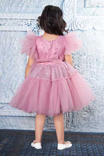 Shop_Mini Stitch_Pink Net Butterfly Embellished Dress _at_Aza_Fashions