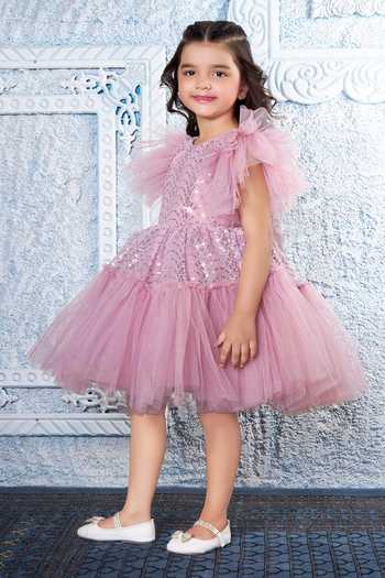 Shop_Mini Stitch_Pink Net Butterfly Embellished Dress _Online_at_Aza_Fashions