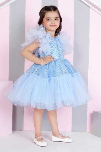 Mini Stitch_Blue Net Butterfly Embellished Dress _Online_at_Aza_Fashions