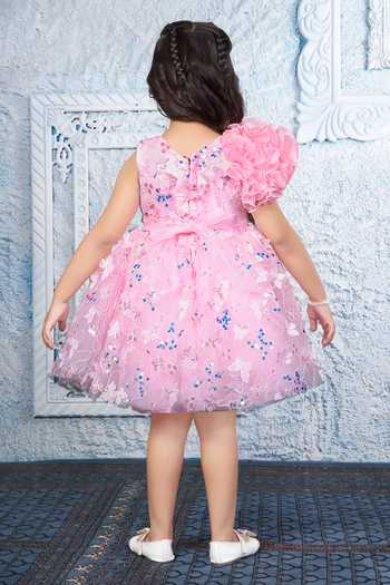 Shop_Mini Stitch_Pink Net 3d Applique Embroidered Dress _at_Aza_Fashions