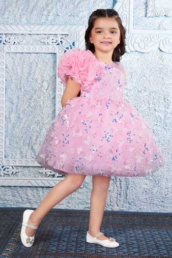 Shop_Mini Stitch_Pink Net 3d Applique Embroidered Dress _Online_at_Aza_Fashions