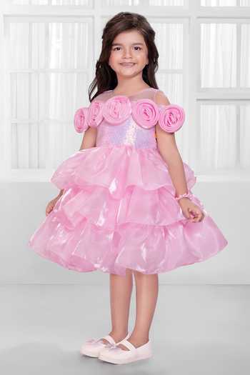 Mini Stitch_Pink Organza, Satin Floral Applique Embroidered Dress _Online_at_Aza_Fashions