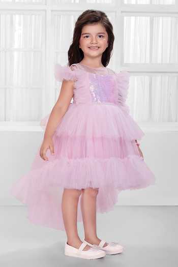 Mini Stitch_Pink Net Sequin Work Dress _at_Aza_Fashions