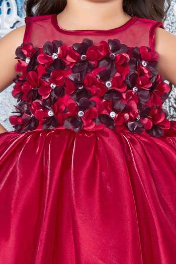 Mini Stitch_Maroon Satin 3d Floral Applique Dress _Online_at_Aza_Fashions