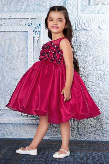 Shop_Mini Stitch_Maroon Satin 3d Floral Applique Dress _Online_at_Aza_Fashions