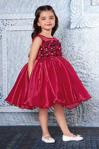 Mini Stitch_Maroon Satin 3d Floral Applique Dress _at_Aza_Fashions