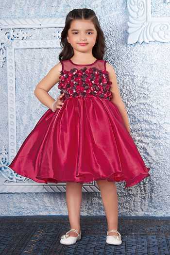 Buy_Mini Stitch_Maroon Satin 3d Floral Applique Dress 