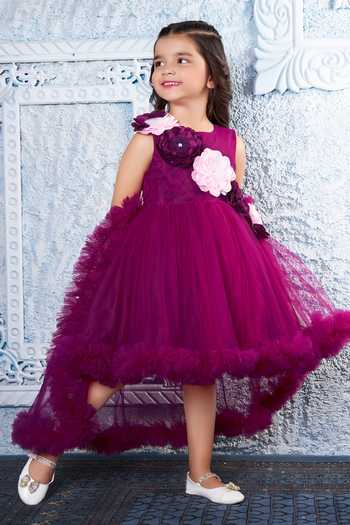 Mini Stitch_Wine Net 3d Floral Applique High Low Dress _Online_at_Aza_Fashions