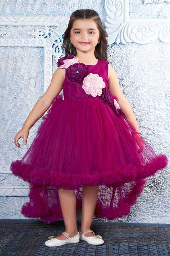 Mini Stitch_Wine Net 3d Floral Applique High Low Dress _at_Aza_Fashions