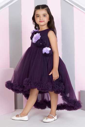 Mini Stitch_Purple Net 3d Floral Applique High Low Dress _Online_at_Aza_Fashions
