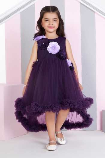 Buy_Mini Stitch_Purple Net 3d Floral Applique High Low Dress _Online_at_Aza_Fashions