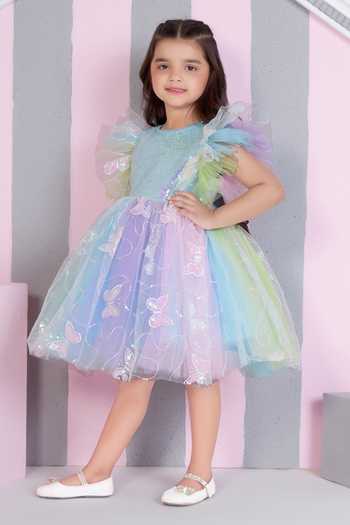 Shop_Mini Stitch_Multi Color Net Butterfly Sequin Embroidered Dress _Online_at_Aza_Fashions