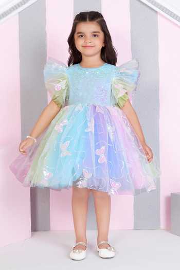 Mini Stitch_Multi Color Net Butterfly Sequin Embroidered Dress _at_Aza_Fashions