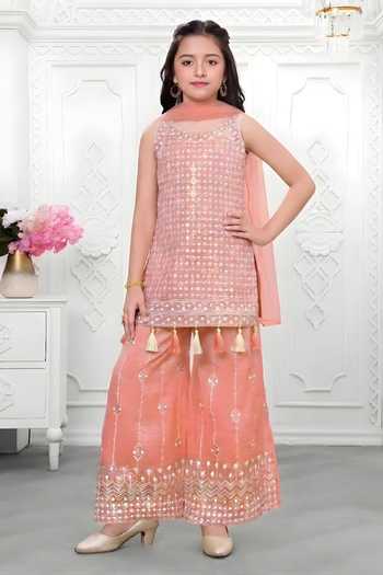 Buy_Mini Stitch_Peach Organza Embroidery, Sequins Kurta Palazzo Set _at_Aza_Fashions