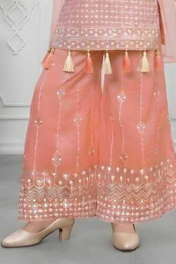 Shop_Mini Stitch_Peach Organza Embroidery, Sequins Kurta Palazzo Set _Online_at_Aza_Fashions