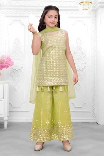 Mini Stitch_Olive Green Organza Sequins, Tassels Embroidered Kurta Palazzo Set _at_Aza_Fashions