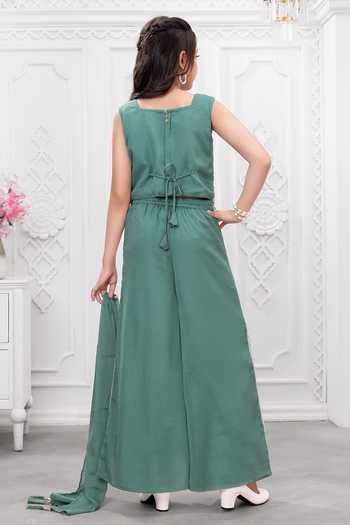 Shop_Mini Stitch_Green Silk, Cotton Embroidery, Sequins Top Palazzo Set _at_Aza_Fashions