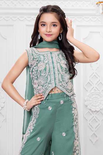 Mini Stitch_Green Silk, Cotton Embroidery, Sequins Top Palazzo Set _Online_at_Aza_Fashions