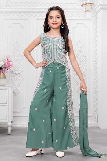 Buy_Mini Stitch_Green Silk, Cotton Embroidery, Sequins Top Palazzo Set _at_Aza_Fashions
