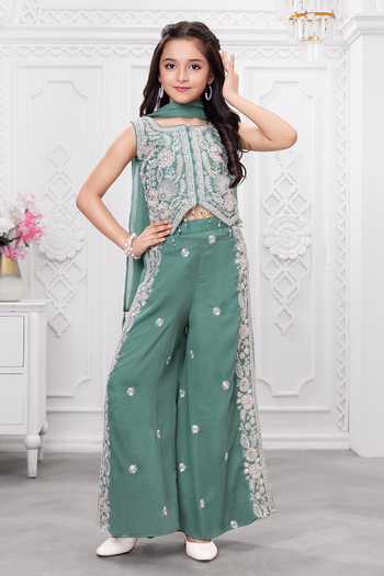 Buy_Mini Stitch_Green Silk, Cotton Embroidery, Sequins Top Palazzo Set _Online_at_Aza_Fashions