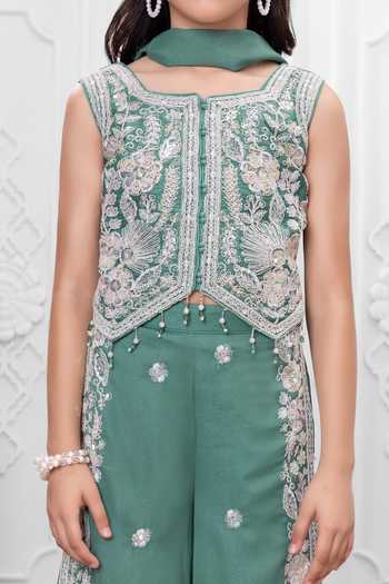 Mini Stitch_Green Silk, Cotton Embroidery, Sequins Top Palazzo Set _at_Aza_Fashions