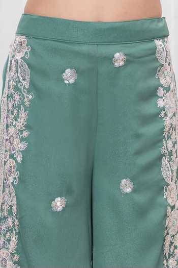 Buy_Mini Stitch_Green Silk, Cotton Embroidery, Sequins Top Palazzo Set 