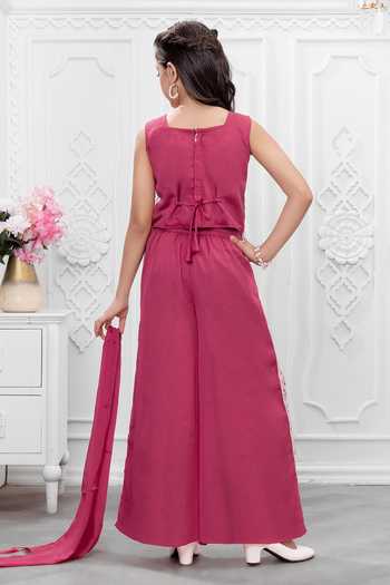 Shop_Mini Stitch_Pink Silk, Cotton Sequins Embroidered Top Palazzo Set _at_Aza_Fashions