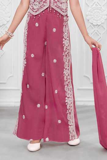 Mini Stitch_Pink Silk, Cotton Sequins Embroidered Top Palazzo Set _Online_at_Aza_Fashions