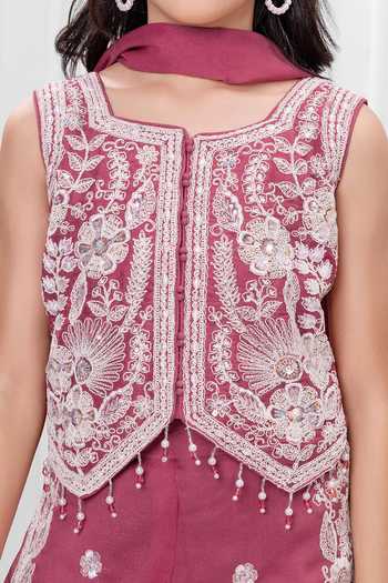 Mini Stitch_Pink Silk, Cotton Sequins Embroidered Top Palazzo Set _at_Aza_Fashions