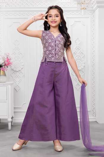 Buy_Mini Stitch_Purple Silk, Cotton Embroidered Short Kurta Palazzo Set _Online_at_Aza_Fashions