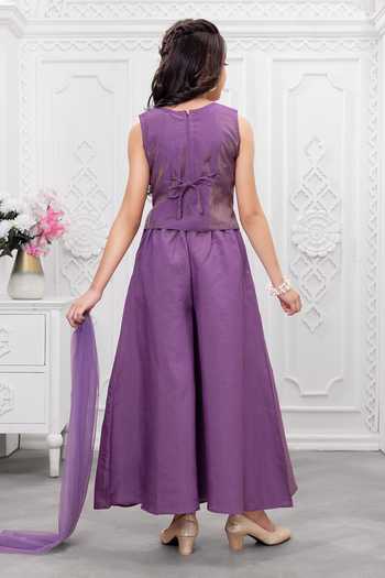 Shop_Mini Stitch_Purple Silk, Cotton Embroidered Short Kurta Palazzo Set _at_Aza_Fashions