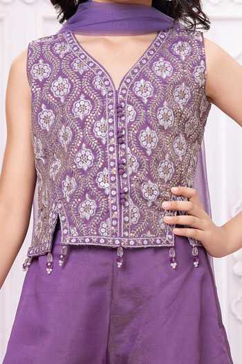 Buy_Mini Stitch_Purple Silk, Cotton Embroidered Short Kurta Palazzo Set 
