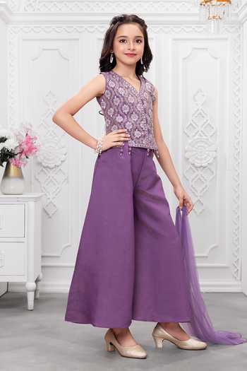 Shop_Mini Stitch_Purple Silk, Cotton Embroidered Short Kurta Palazzo Set 
