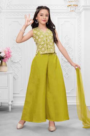 Mini Stitch_Green Silk, Cotton Embroidered Kurta Palazzo Set _Online_at_Aza_Fashions