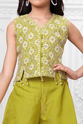 Buy_Mini Stitch_Green Silk, Cotton Embroidered Kurta Palazzo Set _Online_at_Aza_Fashions