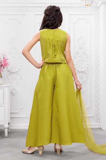 Shop_Mini Stitch_Green Silk, Cotton Embroidered Kurta Palazzo Set _at_Aza_Fashions