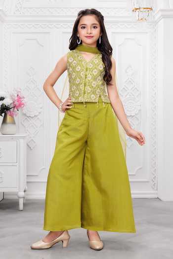 Buy_Mini Stitch_Green Silk, Cotton Embroidered Kurta Palazzo Set _at_Aza_Fashions