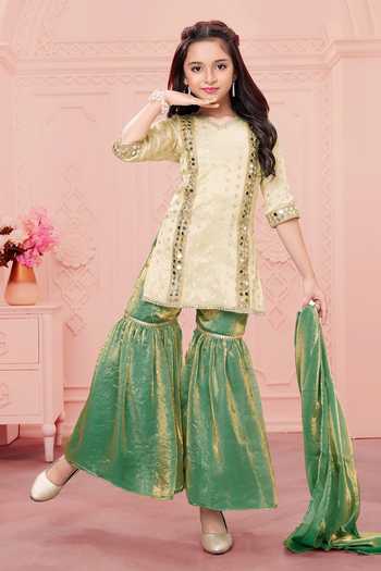 Buy_Mini Stitch_Cream Chanderi Mirror Embroidered Kurta Set _Online_at_Aza_Fashions