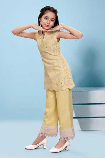 Mini Stitch_Yellow Rayon Lace Thread Embroidered Kurta And Palazzo Set _Online_at_Aza_Fashions