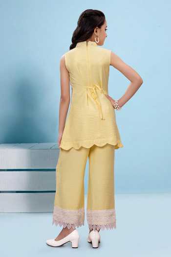 Shop_Mini Stitch_Yellow Rayon Lace Thread Embroidered Kurta And Palazzo Set _at_Aza_Fashions