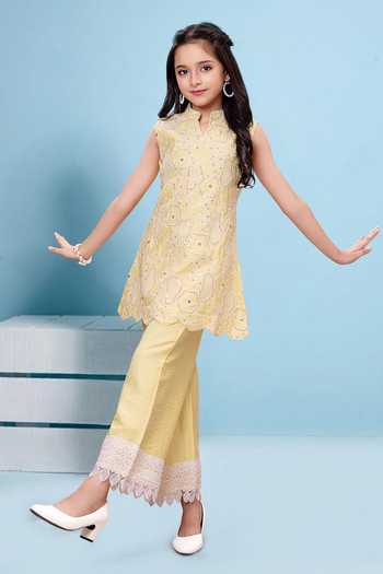 Shop_Mini Stitch_Yellow Rayon Lace Thread Embroidered Kurta And Palazzo Set _Online_at_Aza_Fashions
