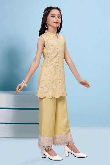 Buy_Mini Stitch_Yellow Rayon Lace Thread Embroidered Kurta And Palazzo Set 