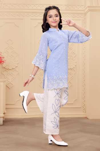 Mini Stitch_Blue Rayon Embroidery Kurta With Palazzo _Online_at_Aza_Fashions